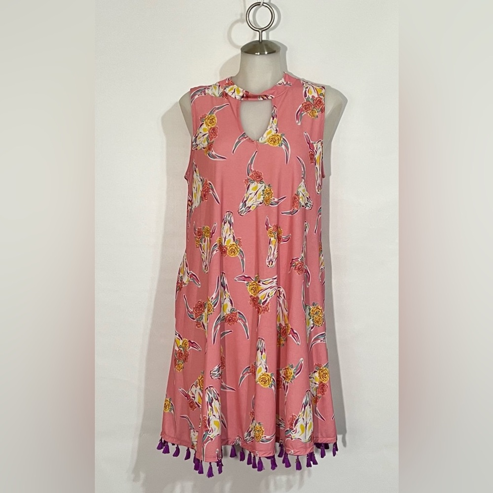 Southern Sleeveless Dress,Size L, Pink With Cow Heads Flowers Print,Gently used.